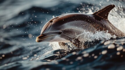 Fototapeta premium A joyful dolphin leaps out of the sparkling ocean waves, embodying freedom, playfulness, and the beauty of marine life in a serene aquatic environment.