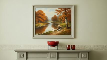 Autumn Landscape Painting with Dogs by River Displayed Over Fireplace
