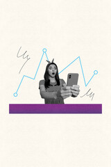 Creative poster collage of young girl use cell smart gadget on virtual reality with charts