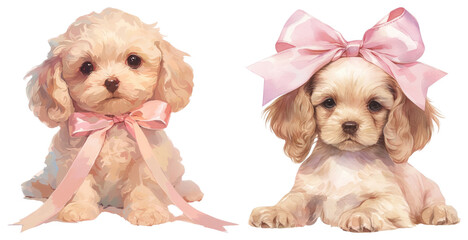 Obraz na płótnie Canvas PNG Adorable puppies with pink bows, element set on transparent background