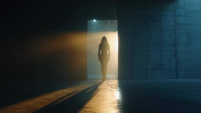 Solitary female figure walking steadily toward luminous doorway, casting dramatic silhouette against shadowy concrete interior with powerful, enigmatic presence