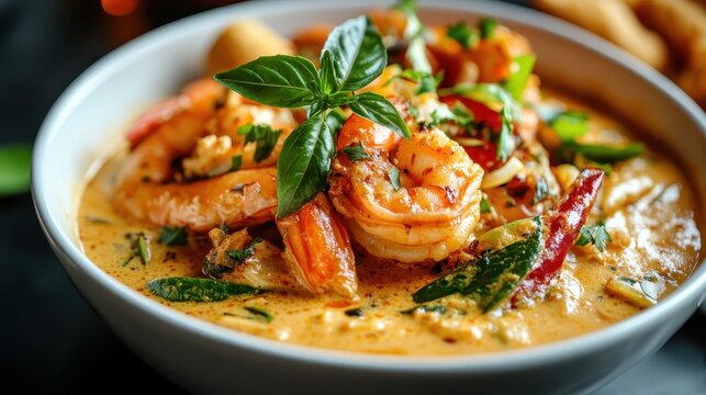 This vibrant shrimp dish is beautifully plated with aromatic herbs, showcasing a delightful culinary experience infused with freshness, perfect for food enthusiasts.