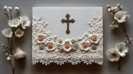 Elegant first communion invitation design with cross and floral lace decorations. Template with cross and flowers. Copy space. For wedding, baptism