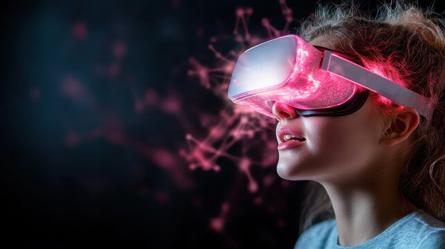A young girl immersed in a virtual reality experience, showcasing her excitement and wonder. The vibrant lights and digital connections symbolize creativity and innovation in gaming.