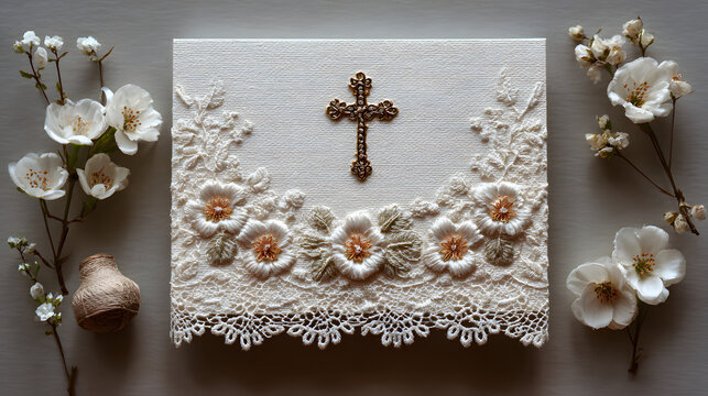 Elegant first communion invitation design with cross and floral lace decorations. Template with cross and flowers. Copy space. For wedding, baptism