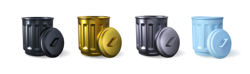 Set of trash cans of different colors. Bin gold, black, blue. 3D style. Vector illustration