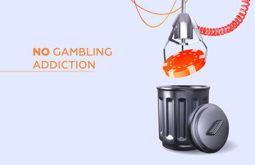 Crane machine throws poker chip into trash can. Concept of getting rid of gambling addiction. 3d style. Vector illustration