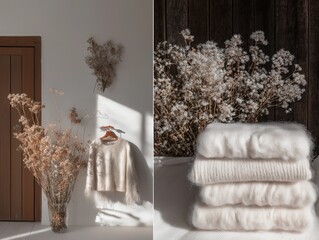 Cozy interior scene featuring soft knitted sweater on hanger, dried flowers in vase, and neatly stacked fluffy blankets, creating a warm and inviting atmosphere for home decor
