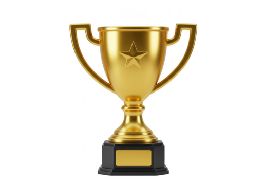Golden trophy cup with star isolated on transparent background