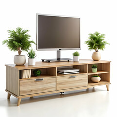 Modern wooden TV stand with screen and decor