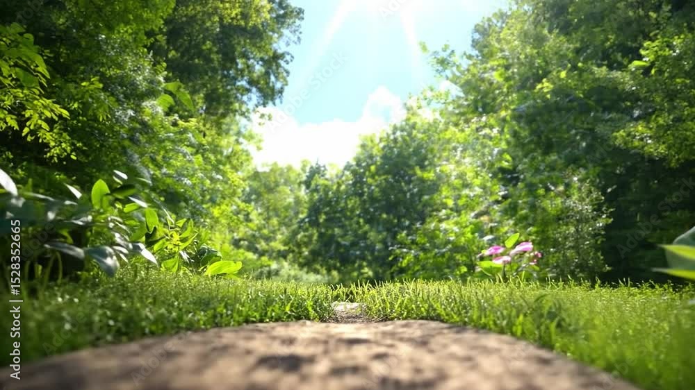 Poster forest path: a sun-dappled forest path, framed by lush greenery and towering trees, invites the view