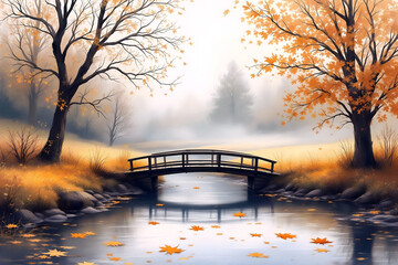 Illustrated bridge over autumn pond with falling leaves
