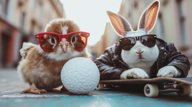 A delightful scene of a chick and a rabbit wearing sunglasses, engaging in a playful moment with a skateboard, exuding joy, friendship, and a sense of fun in a vibrant urban setting.