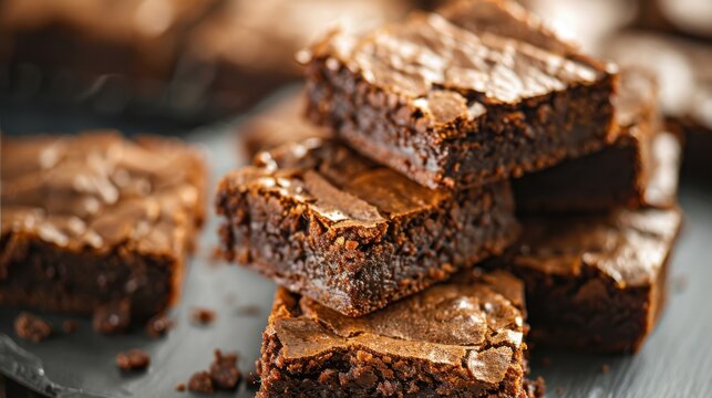 A tempting stack of freshly baked chocolate brownies glistens under soft lighting, inviting indulgence with their rich, fudgy texture and decadent appeal that everyone loves.