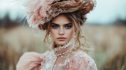 Fototapeta premium A beautiful young woman in an opulent vintage dress adorned with lace and pearls poses gracefully against a backdrop of autumn nature, embodying elegance and refinement.