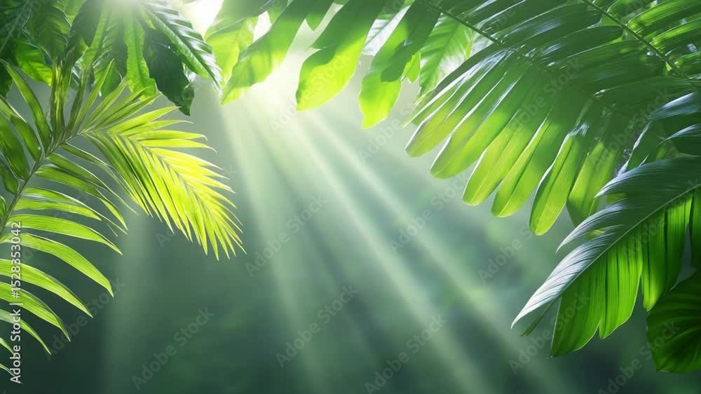 Poster sunlight through jungle canopy: sunbeams pierce through dense canopy, illuminating lush leaves in ve