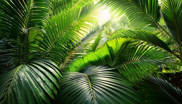 green palm leaves wallpaper tropical sunny jungle lush and vibrant background filled with exotic nature dense foliage sunlight filtering through perfect for summer vacation and nature exploration