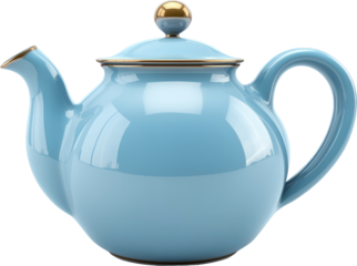 Light blue ceramic teapot with gold accents.