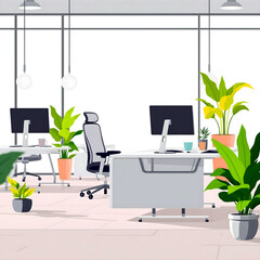 Bright modern office interior with plants and desks