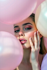 Stylish woman surrounded by pastel balloons