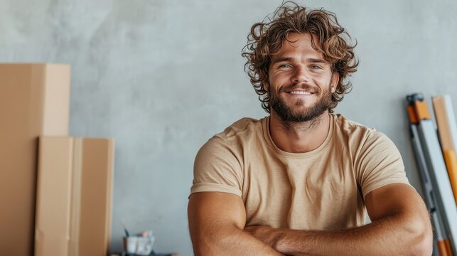 A bearded man with curly hair smiles confidently in a casual setting, embodying a relaxed and approachable demeanor that reflects modern masculine aesthetics and lifestyle.