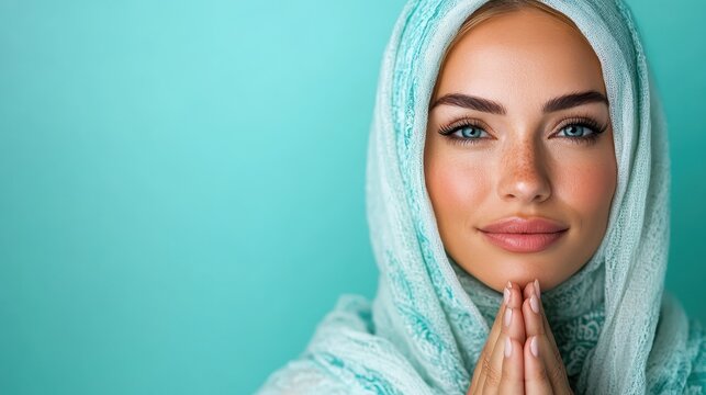 A serene young woman in a light blue hijab presses her hands together in a prayer-like gesture, radiating calm and tranquility against a soft turquoise background. - Powered by Adobe