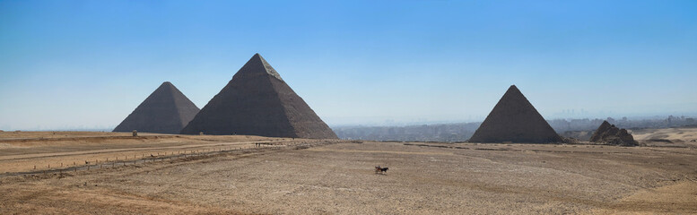 Panoramic view of three pyramids of Giza near Cairo, Egypt