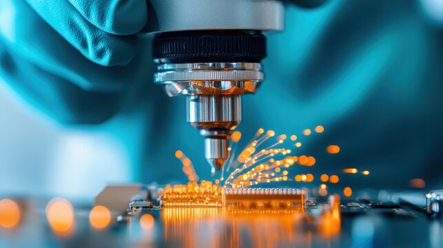 An advanced close-up of a technician working with a high-tech tool, creating sparks on a circuit board, encapsulating the essence of modern technology and engineering innovation. - Powered by Adobe