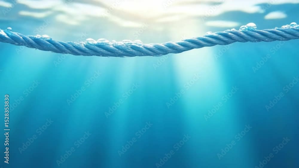 Poster underwater rope in the light: a close-up view showcases a textured rope suspended in the depths of a