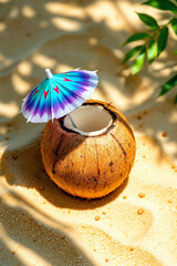 Coconut drink with umbrella on tropical sand