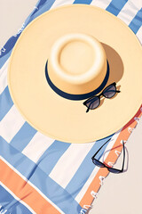 Summer hat and sunglasses on striped towel