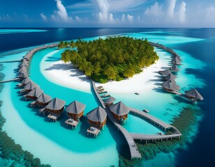 Fototapeta premium amazing aerial view of maldives island resort turquoise lagoon overwater villas white sand beaches lush palm trees serene ocean view perfect tropical paradise escape best tourism vacation wallpaper