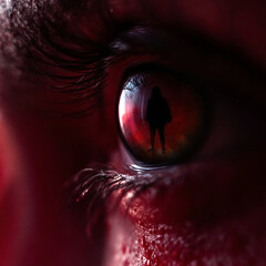 Macro of red eye with dramatic shadow and reflection