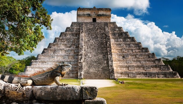 iguana sitting on ruins of el castillo the kukulkan temple of chichen itza mayan pyramid in yucatan mexico