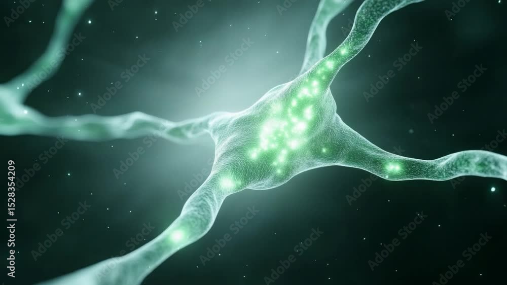 Poster Glowing Neuron: Microscopic view of a neuron, glowing with green light, highlighting its intricate network of dendrites and axon.