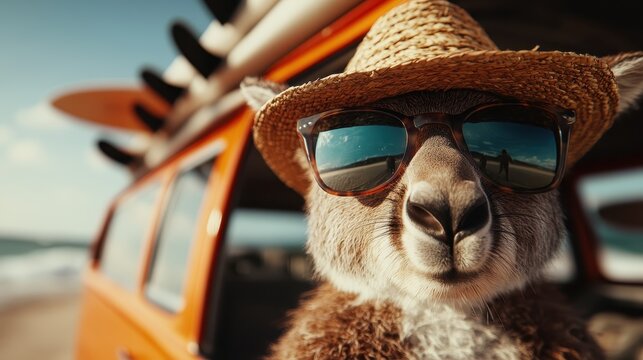 A playful kangaroo wearing sunglasses and a straw hat, standing in front of a bright beach scene, embodying a fun summer spirit and carefree vibes.