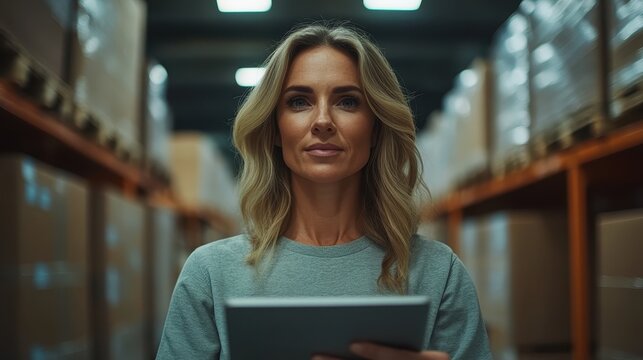 A confident woman stands in a warehouse aisle, holding a digital tablet, symbolizing leadership and organization in a bustling logistics and supply chain business environment.