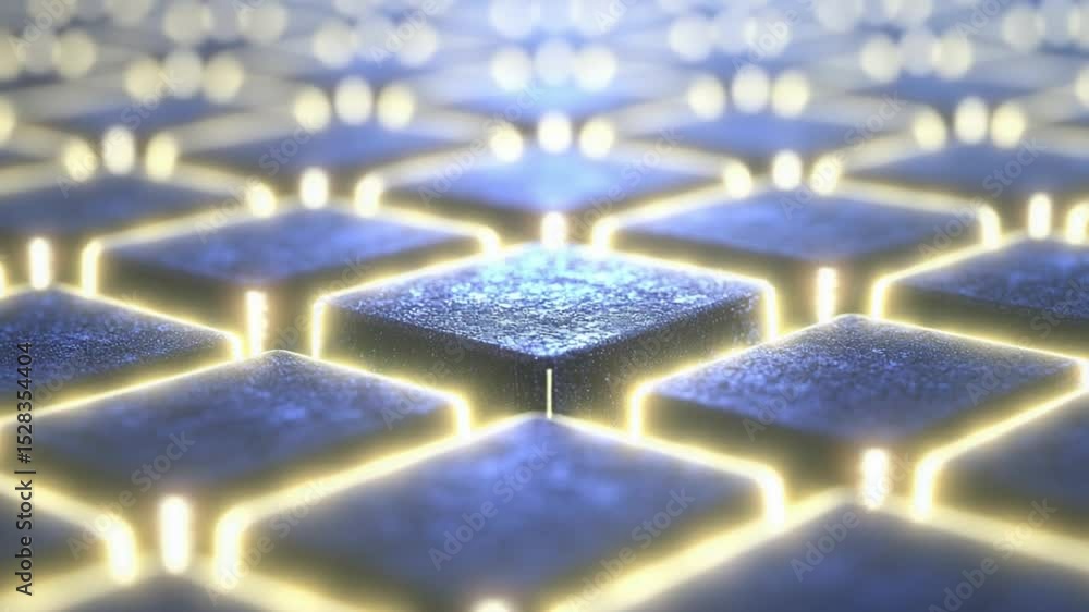 Poster Futuristic tech grid: An abstract macro view of a sophisticated tech grid, with glowing yellow accents illuminating a pattern of interconnected squares, representing innovation.
