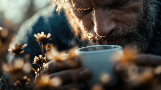 A contemplative man savors a steaming cup of coffee amidst a meadow filled with wildflowers, embodying a serene connection to nature and the simple joys of life.