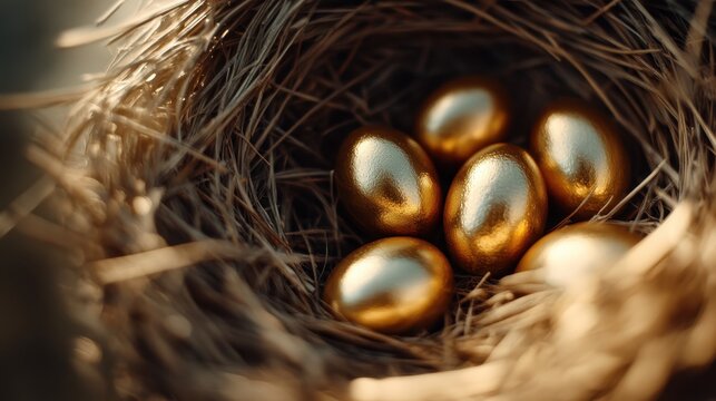 This captivating image showcases a collection of golden eggs carefully nestled in a rustic nest, symbolizing prosperity and new beginnings in a natural and warm setting.