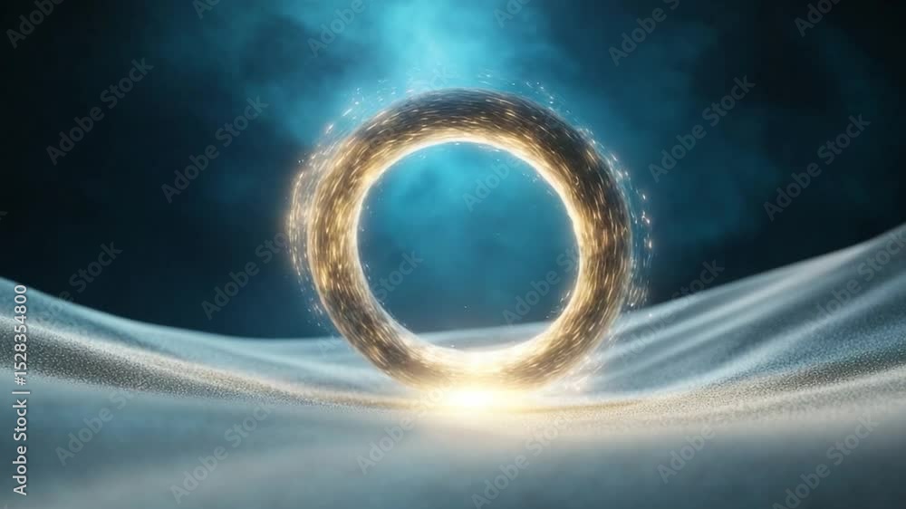 Poster mysterious luminescent portal: an ethereal, glowing ring levitates above a textured surface, emanati