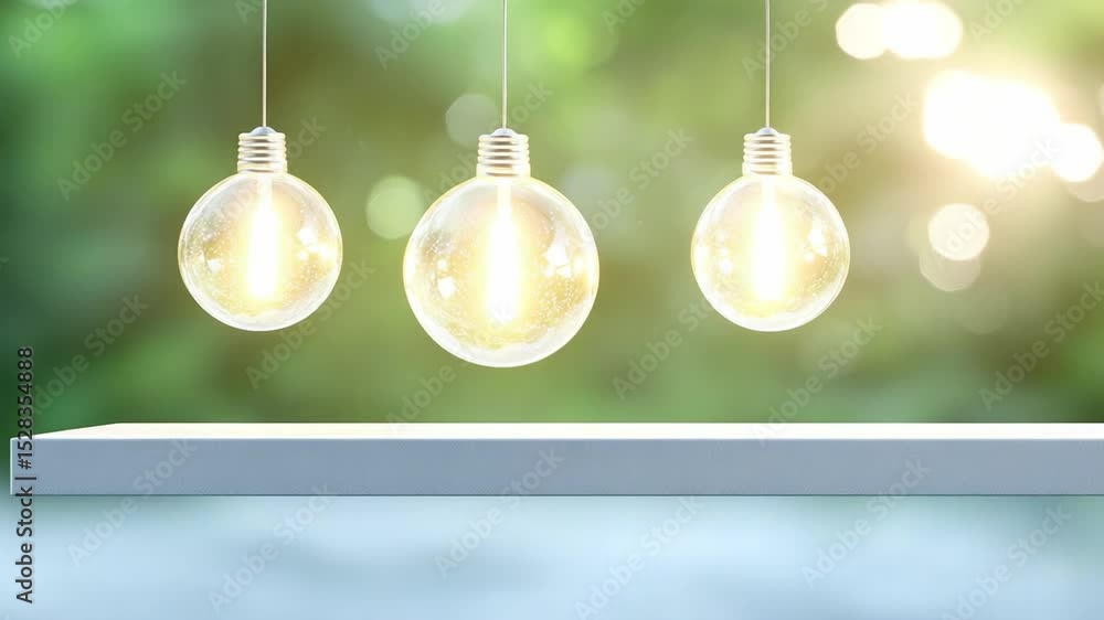 Poster illuminated design: three glowing light bulbs hanging above a minimalist shelf, showcasing modern de