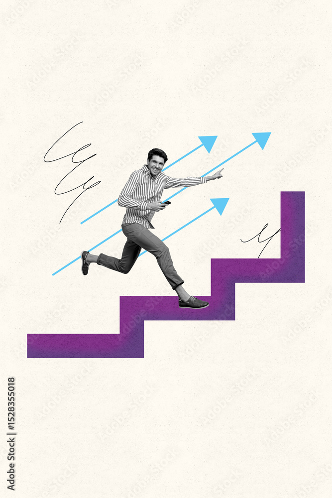 Poster creative collage poster of guy run fast up point white pastel background with graphs