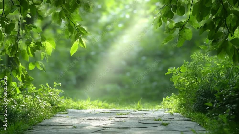 Poster path to paradise: an inviting stone path beckons viewers into a serene, sun-drenched forest clearing