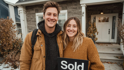 Joyful couple celebrates their new home with a sold sign