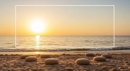 Wellness retreat advertisement layout – serene beach scene with meditation cushions, empty area for event title and dates