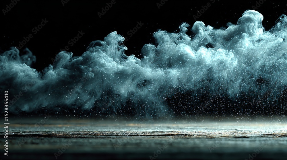 Poster layers of ethereal fog dance against a minimalist smoky black backdrop, creating an atmosphere of tr