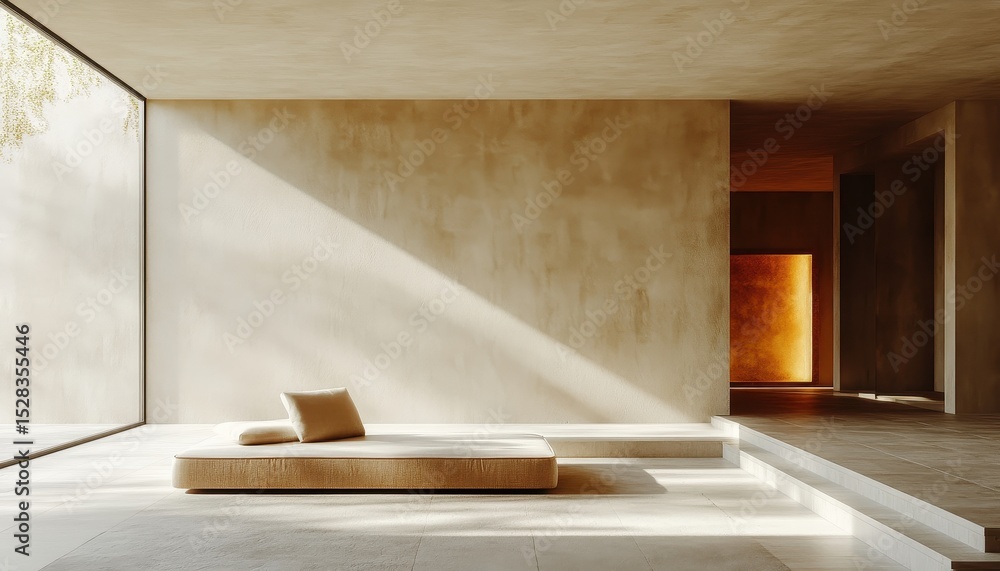 Poster sculpture in a white room basks in sunlight near the window creating shadows, featuring a minimalist