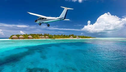 Naklejka premium amazing travel background maldives seaplane landing near luxury resort perfect tropical getaway exotic transportation seaplane over calm ocean lagoon azure turquoise sea water sunny blue sky clouds