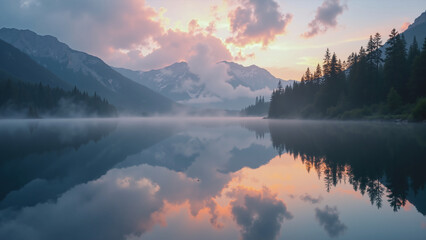 Serenity at dawn over tranquil mountain lake. Generative AI
